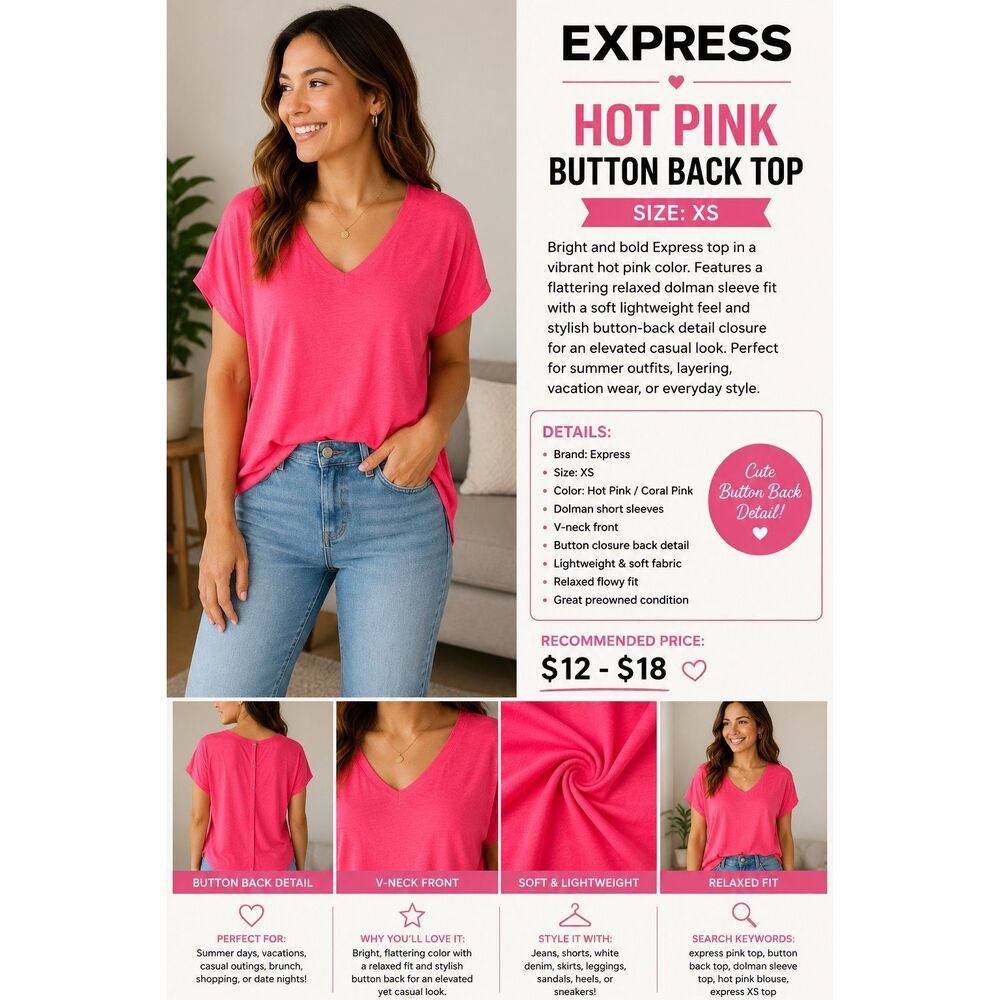 Express Hot Pink Button Back Dolman Sleeve Top XS Lightweight Blouse